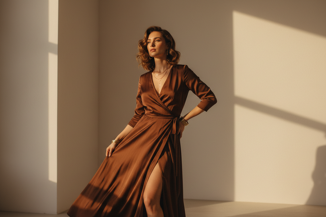 Woman wearing chocolate brown wrap dress — KOKKONA Fall 2026 style edit