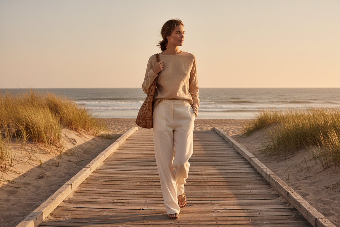 Woman in linen top and wide-leg trousers walking along a sun-drenched boardwalk at golden hour — KOKKONA Labor Day style guide
