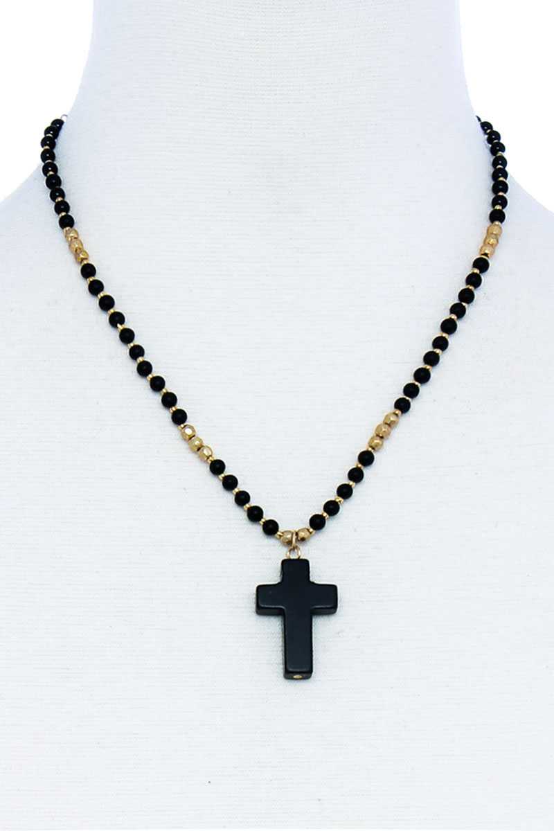 Black pendant necklace — Chic Beaded and Cross Pendant Necklace