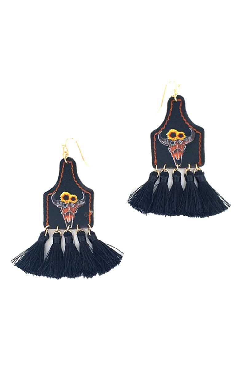 Black drop earring — Stylish Western Cow Skull and Tassel Drop Earring