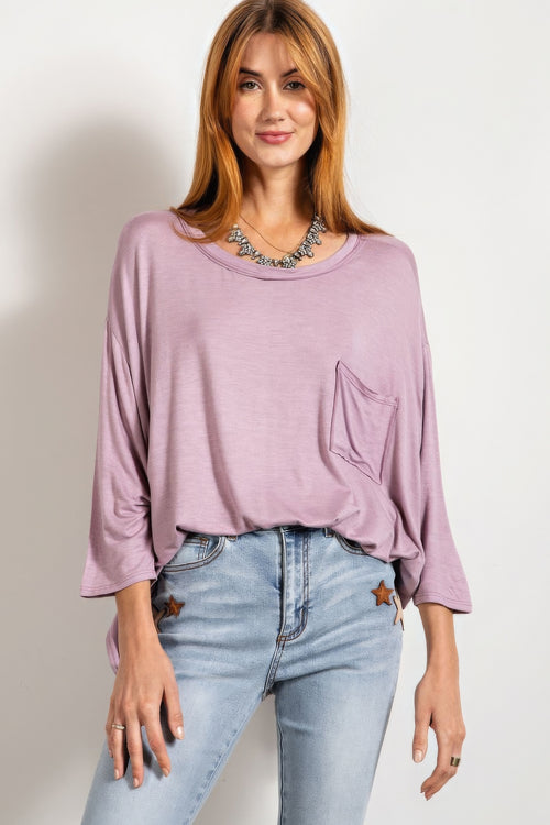 Cleo Rounded Neckline 3/4 Sleeves Washed Top