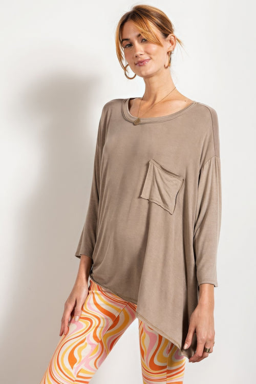 Cleo Rounded Neckline 3/4 Sleeves Washed Top