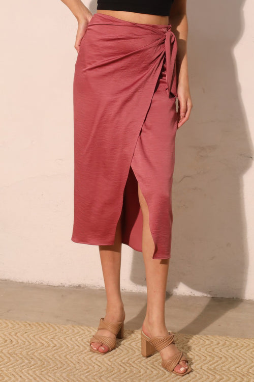 Cleo Washed Satin Crepe Side Wrap Midi Skirt