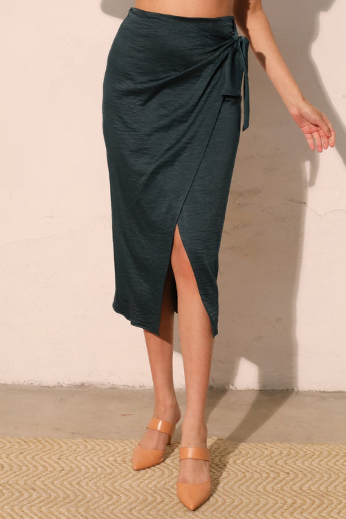 Cleo Washed Satin Crepe Side Wrap Midi Skirt