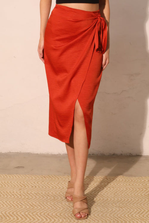 Cleo Washed Satin Crepe Side Wrap Midi Skirt