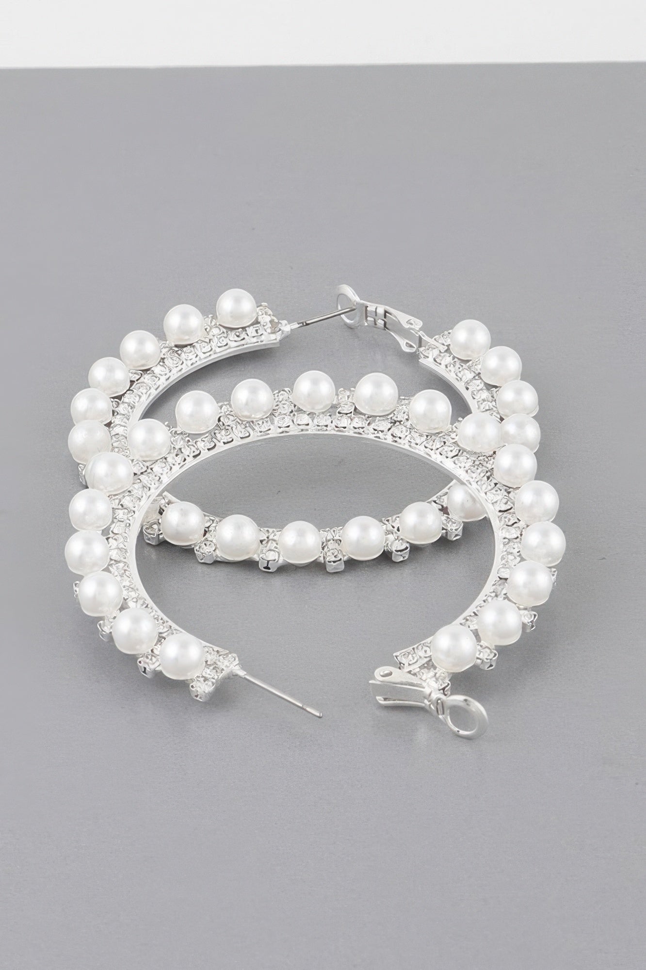 Silver Cream earrings — Pearl Lined Rhinestone Hoop Earrings