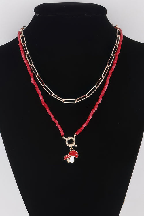 Gold Red beaded mushroom chain necklace — Beaded Mushroom Chain Necklace