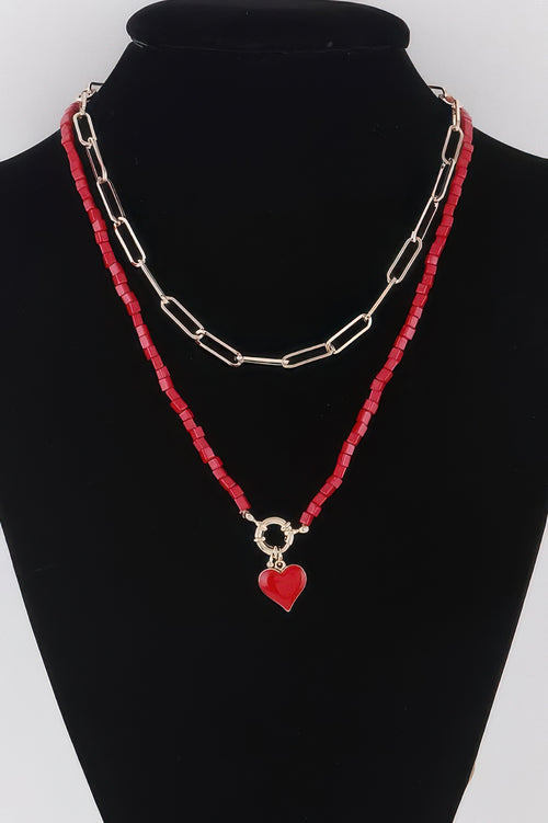 Gold Red beaded heart chain necklace — Beaded Heart Chain Necklace