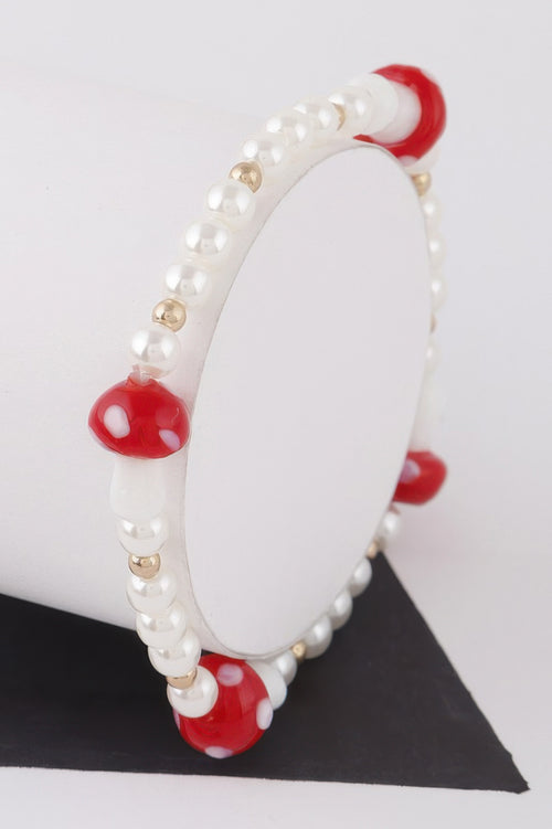 Gold Red bracelet — Beaded Mushroom Charm Bracelet
