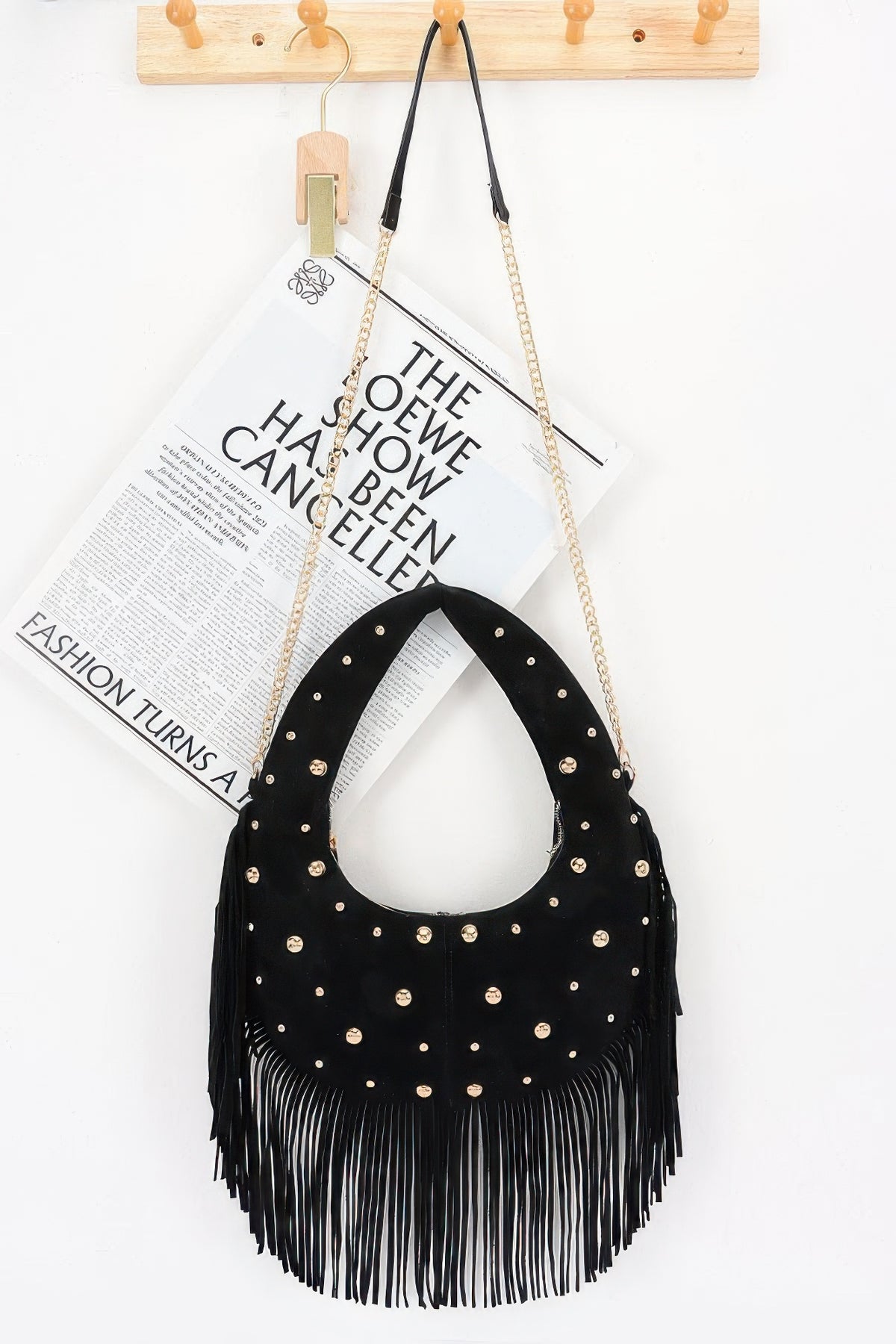 Camel hobo bag — Faux Suede Metal Studded Fringe Hobo Bag