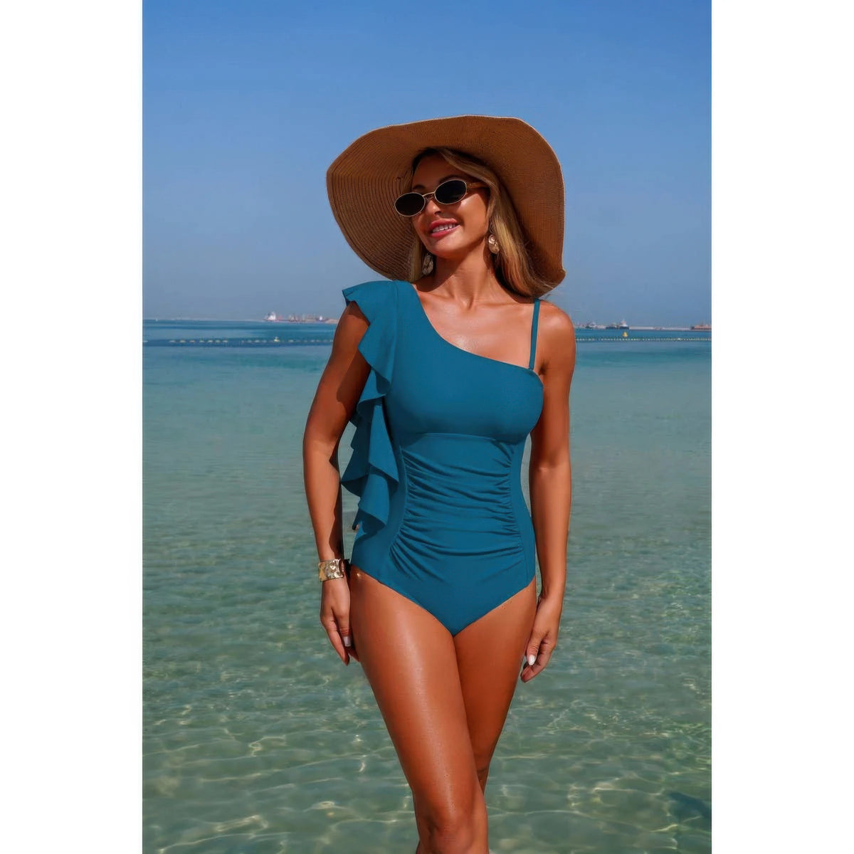 Black swimsuit — Solid Asymmetric Shoulder Ruffle Swimsuit